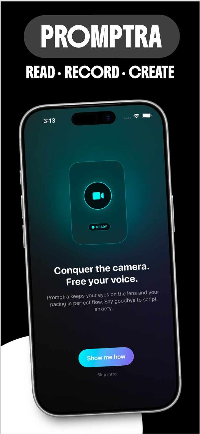 Promptra: read, record, create. The app's home screen, ready to record.