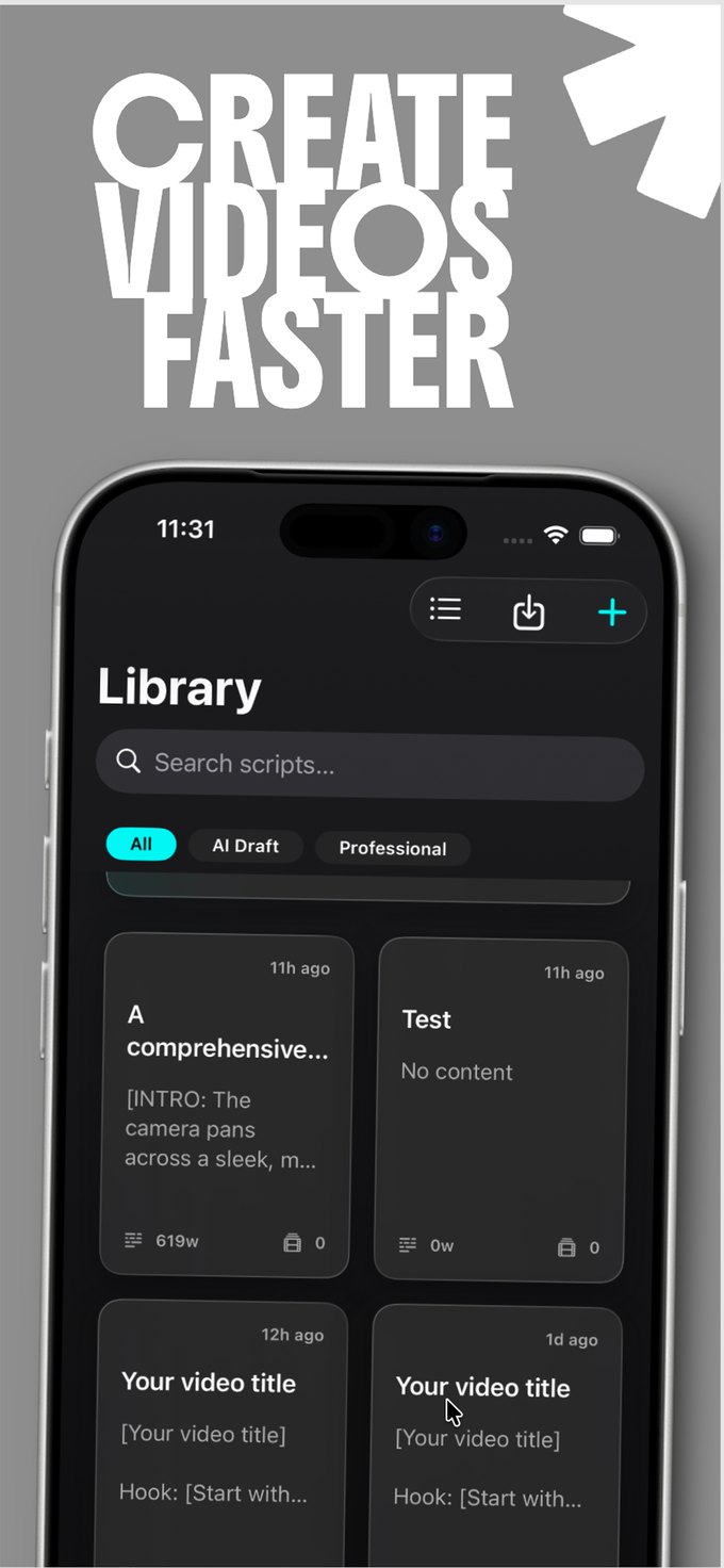 Create videos faster: the script library with AI drafts and professional scripts side by side.