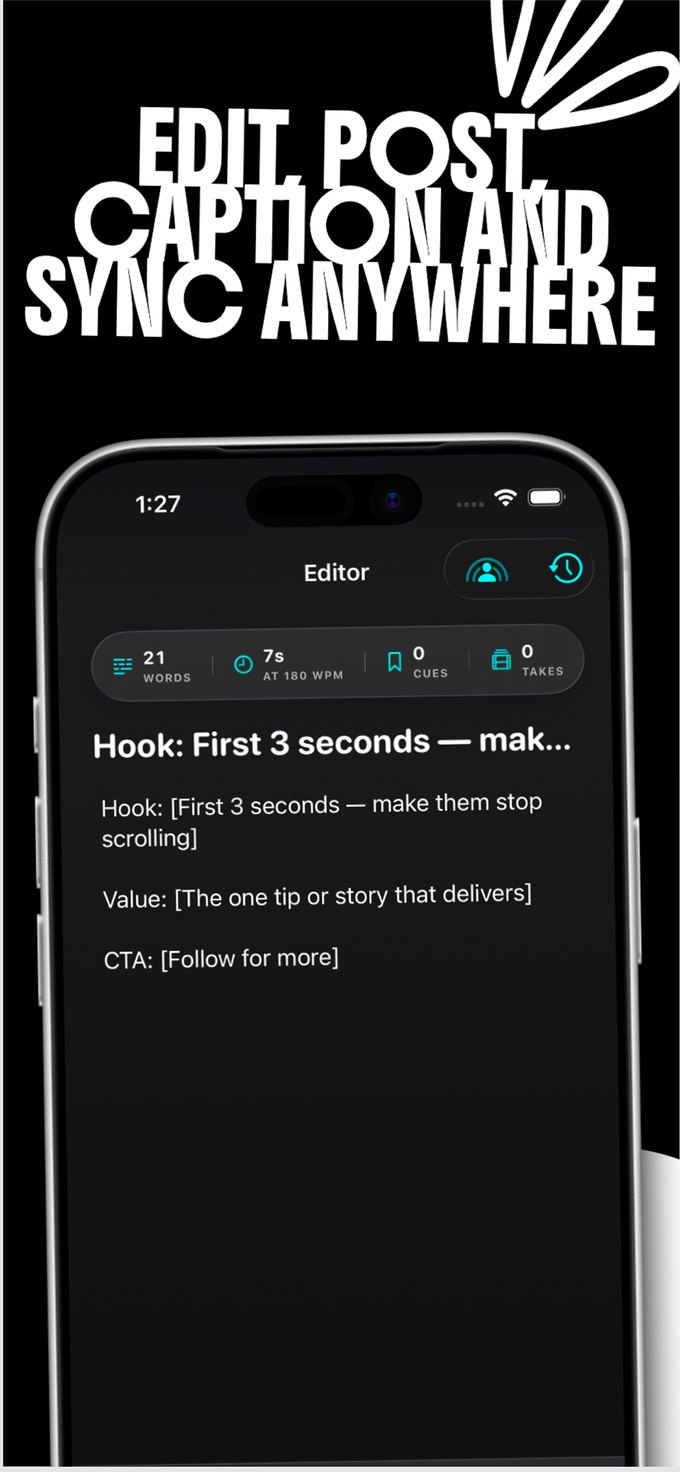 Edit, post, caption, and sync anywhere: the editor showing a hook, value, and call to action.